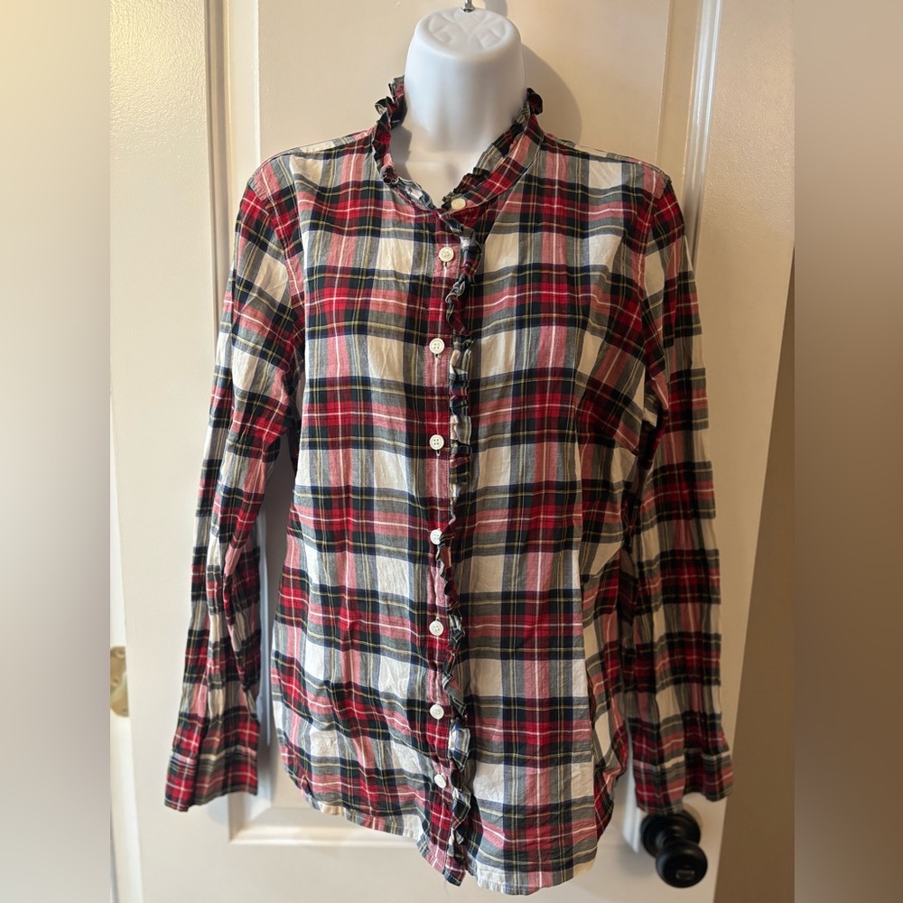 JCrew Tartan Plaid Ruffle Trim Button Down Large